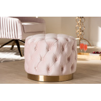 Baxton Studio TSFOT030-Light Pink/Gold-Otto Valeria Glam Light Pink Velvet Fabric Upholstered Gold-Finished Button Tufted Ottoman